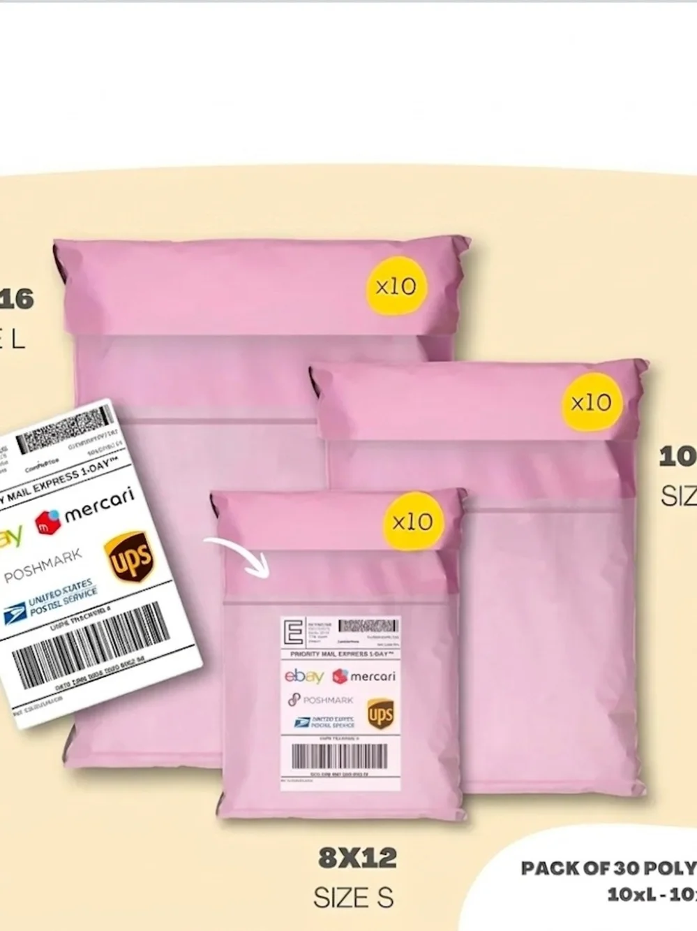 Pink Set of Poly Mailers 3 Sizes, 30 Total*